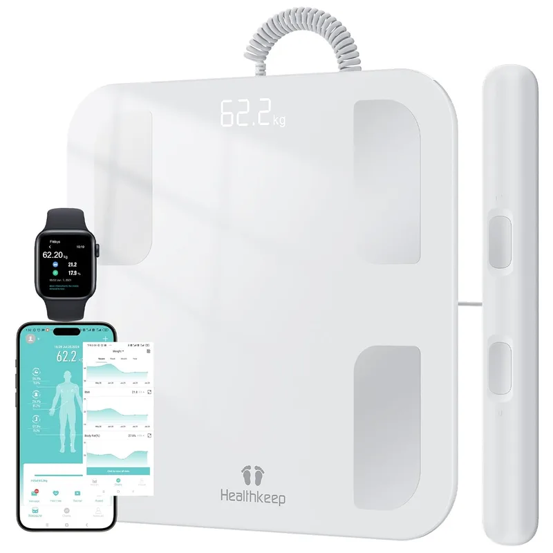 Healthkeep ▫️ Balança de casa de banho inteligente com 8 elétrodos, balança de bioimpedância de precisão, balanças digitais de casa de banho, 18 medições essenciais, compatível com Android e iOS