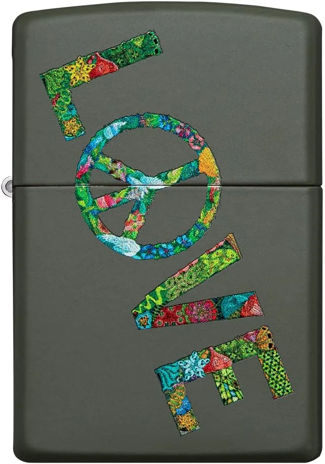 Zippo ▫️ Isqueiro à prova de vento - Love Peace Nature - Acabamento verde mate com imagem a cores - Recarregável - Reutilizável - Design à prova de vento - Caixa de oferta - Fabricado nos EUA