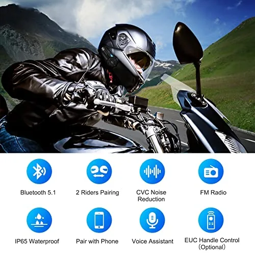 EJEAS ▫️ Q2 Intercomunicador para Capacete de Moto, Intercomunicador Bluetooth 5.1 com Redução de Ruído FM e CVC, Som e Ligação Estável para Intercomunicador Full Duplex para 2 Pessoas (Pacote de 2) 2