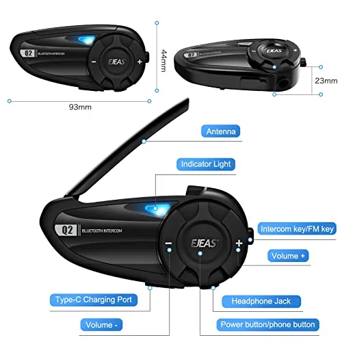 EJEAS ▫️ Q2 Intercomunicador para Capacete de Moto, Intercomunicador Bluetooth 5.1 com Redução de Ruído FM e CVC, Som e Ligação Estável para Intercomunicador Full Duplex para 2 Pessoas (Pacote de 2) 3