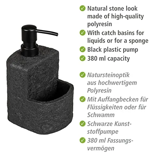 Wenko ▫️ Dispensador de detergente Festival Stone, dispensador de sabão recarregável com aspeto de pedra, em poliresina, para cozinha, compartimento extra para esponja de esfregar, capacidade de 380 ml, 10,5 x 18 x 11 cm 2