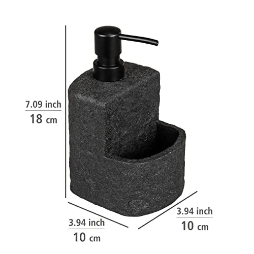 Wenko ▫️ Dispensador de detergente Festival Stone, dispensador de sabão recarregável com aspeto de pedra, em poliresina, para cozinha, compartimento extra para esponja de esfregar, capacidade de 380 ml, 10,5 x 18 x 11 cm 3