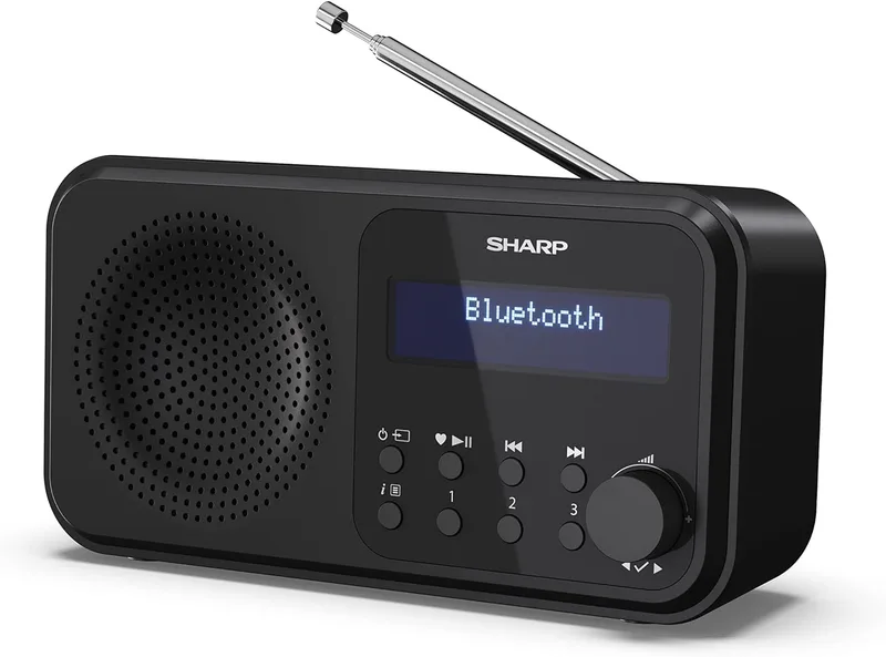Sharp ▫️ DR-P420(BK) Tokyo Dab+, Rádio digital portátil FM com RDS, BT 5.0, alimentação por USB ou pilhas, mini-jack, antena telescópica, pesquisa automática, 20+20 memórias, hora e data automáticas, alarme, preto