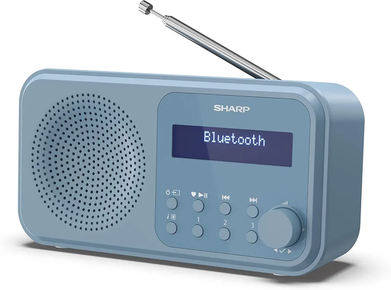 Sharp ▫️ DR-P420(BL) Tokyo Dab+, Rádio digital portátil FM com RDS, BT 5.0, alimentação por USB ou pilhas, mini-jack, antena telescópica, pesquisa automática, 20+20 memórias, hora e data, alarme, azul