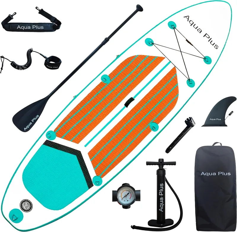 Aqua Plus ▫️ Sup Inflável com 15 cm de espessura para todos os níveis de habilidade, remo ajustável, bomba, mochila de viagem ISUP, prancha de remo inflável para jovens e adultos