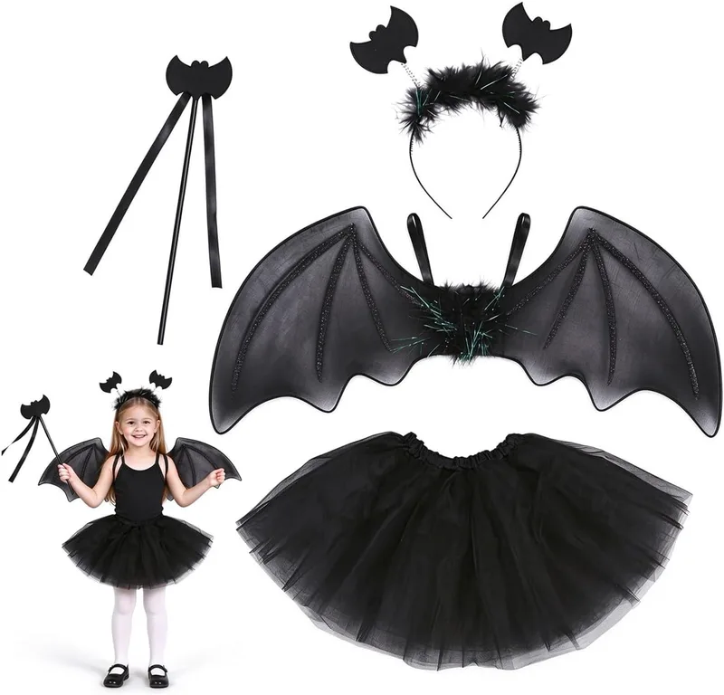 DERAYEE ▫️ Fato de morcego para o Halloween para crianças, fato de morcego com tiara e varinha mágica, fato de morcego para o Halloween, carnaval, cosplay, festa