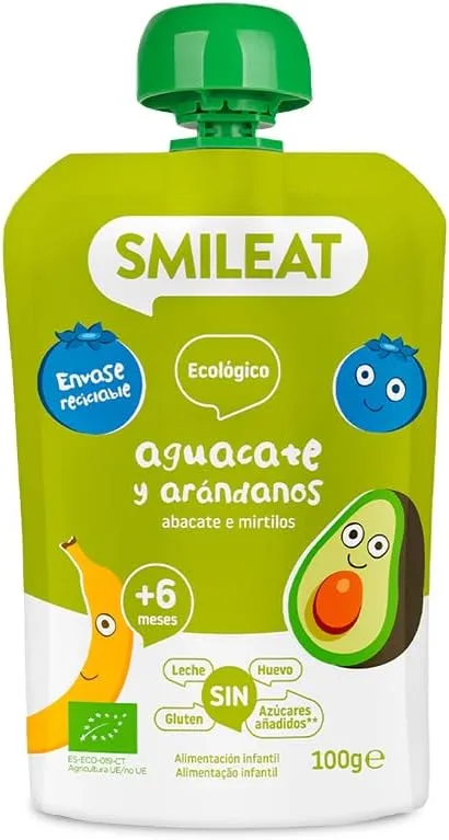 SMILEAT EAT & SMILE ▫️ Smileat - Bolsa de Fruta Biológica - Sem Sal, Sem Açúcar, Sem Glúten - Lanche Prático para Crianças - Sabores Abacate e Mirtilo