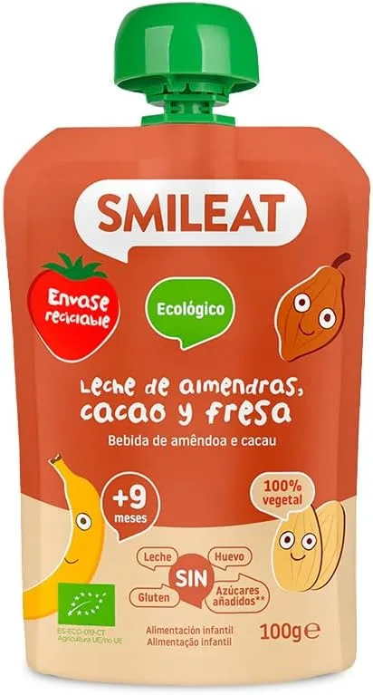 Smileat ▫️ Saquinho de Frutas Biológicas - Sem Sal nem Açúcar Adicionado, Sem Glúten - Snack Prático para Crianças - Sabor a Leite de Amêndoa, Cacau e Morango