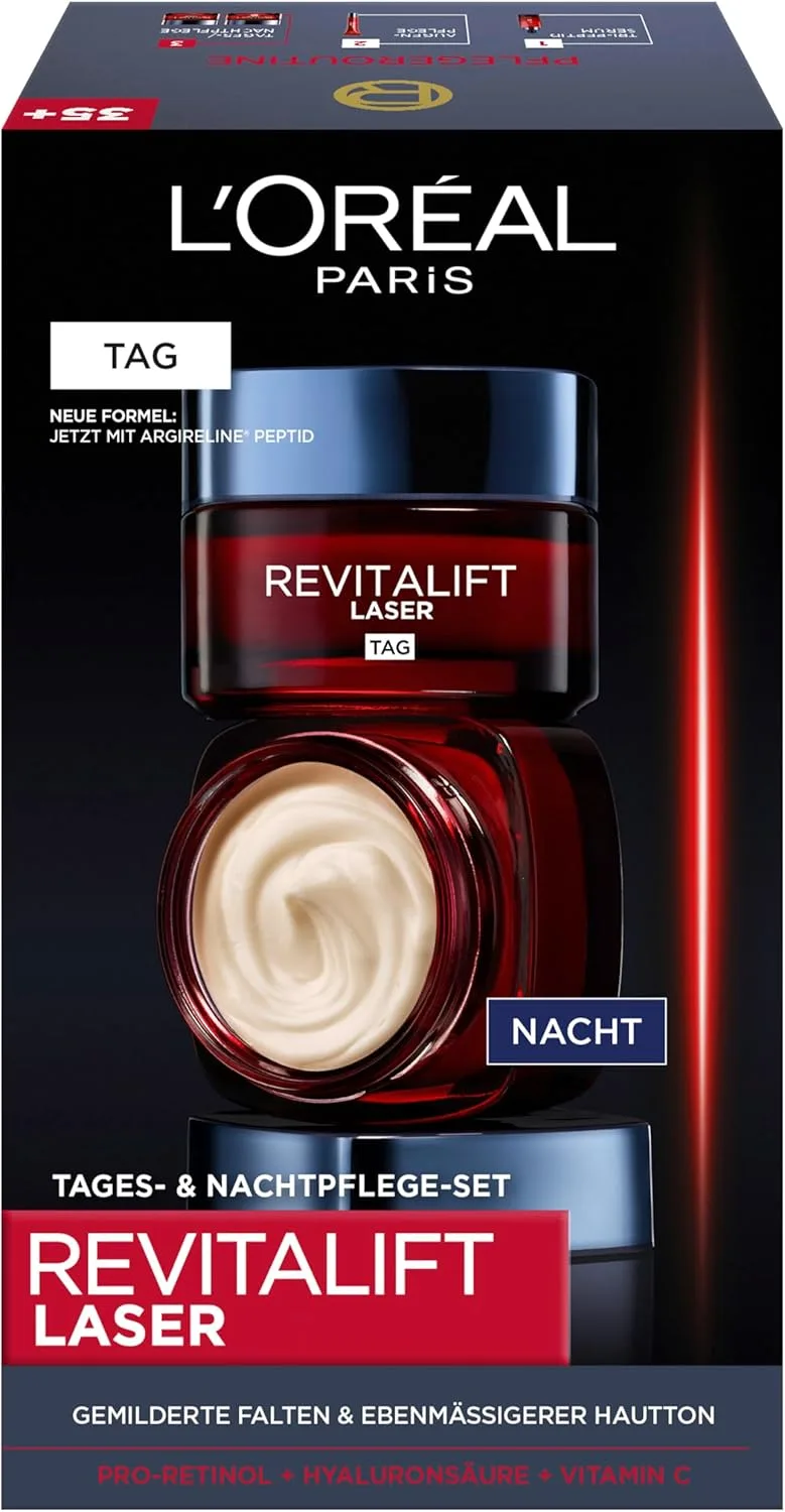 L'Oreal Paris ▫️ L'Oréal Paris - Conjunto de cuidados faciais antienvelhecimento e de noite com triplo efeito – com pro-retinol, ácido hialurónico e vitamina C, Revitalift Laser, 2 x 50 ml