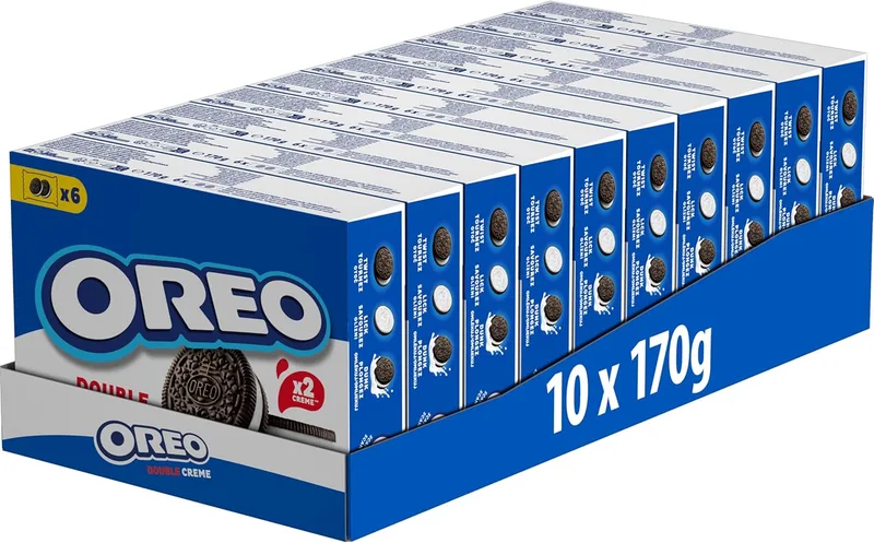Oreo ▫️ Double Cream, biscoitos de chocolate com recheio de creme duplo com sabor a baunilha, os biscoitos clássicos mas com um recheio duplo, Embalagem de 10 x 170 g