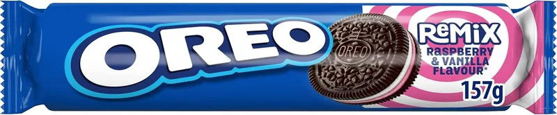 Oreo ▫️ Remix Creme de Framboesa e Bolachas Recheadas com Creme de Baunilha, o sabor mais inovador, embalagem de 157 g