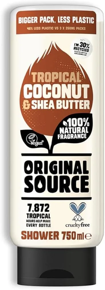 ORIGINAL SOURCE ▫️ Coconut & Shea Butter Shower Gel, fragrância 100% natural, vegan, sem crueldade, sem parabenos, frasco grande, 750 ml