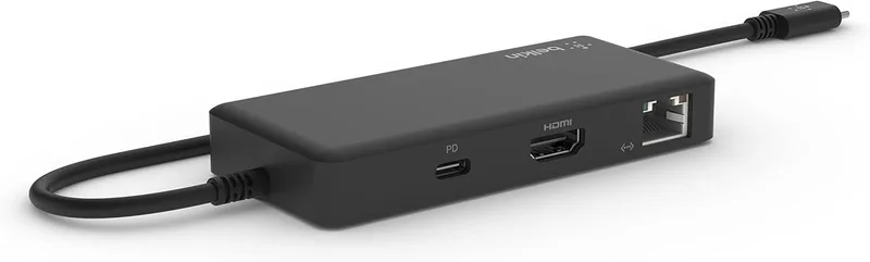 Belkin 5-in-1 Multiport Hub, adaptador de hub para Chromebook com um HDMI 4K 60Hz, um USB-C com fornecimento de energia de 86W, um Gigabit Ethernet e dois USB-A 3.1 Gen 1, preto, INC008btBK