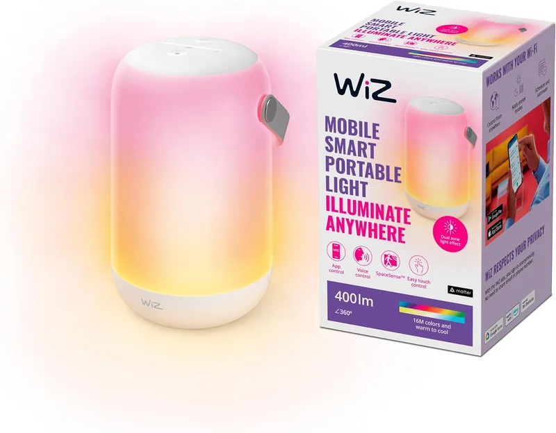 WiZ ▫️ Candeeiro portátil e móvel com luz branca e colorida, efeito de iluminação de dupla zona, controlo por voz e painel tátil, com tecnologia SpaceSense e compatível com Alexa e Google Home