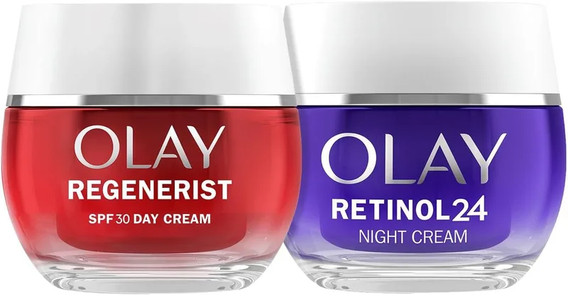 Olay ▫️ Regenerist Creme Facial de Dia FPS 30, 50 ml, e Retinol24 Creme de Noite, 50 ml. Conjunto de 2 cremes hidratantes antirrugas. Pele mais firme e suave