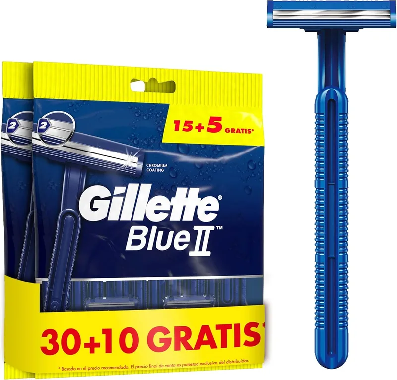 Gillette ▫️ Blue II - Máquinas de barbear descartáveis para homem, embalagem de 30 + 10 grátis, lâminas de barbear de duas lâminas com cabeça fixa, 40 unidades