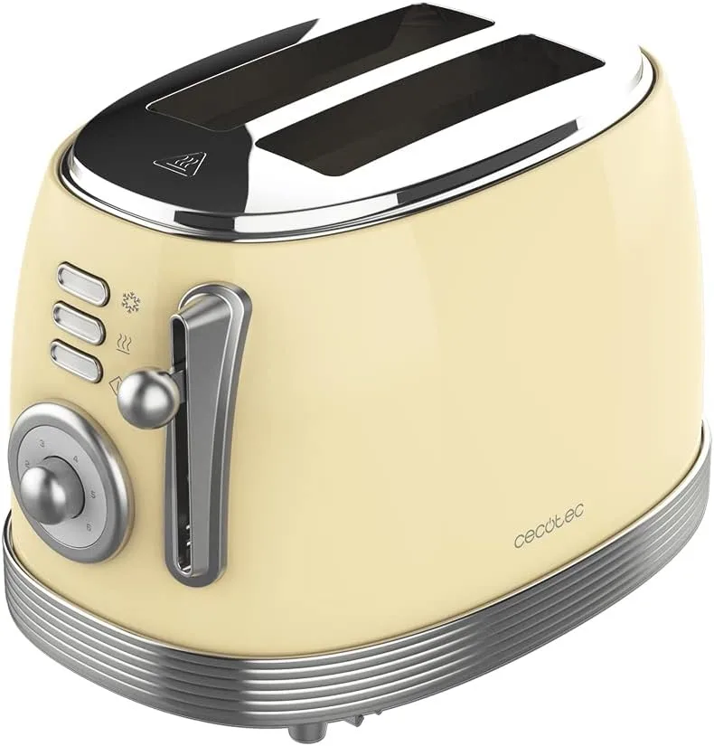 Cecotec ▫️ Torradeira Toast&Taste 800 Vintage Amarelo Claro. 850 W, ranhura dupla extra larga 3,8 cm extra curta, 2 torradas, acabamento em aço inoxidável, estilo vintage, 3 funções, amarelo