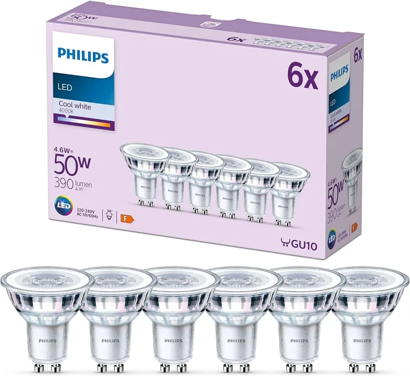 Philips ▫️ Lâmpada pontual 4,6 W (Eq. 50 W) 390 lúmens, casquilho GU10, luz branca fria (4000 k) - Conjunto de 6 lâmpadas