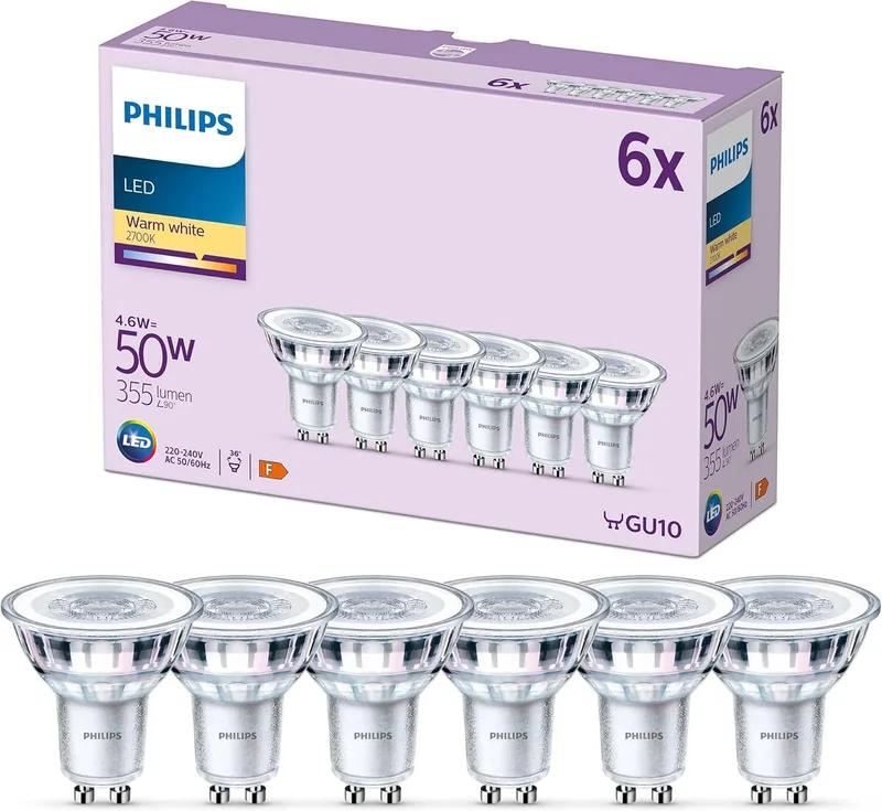 Philips ▫️ Lâmpada tipo spot de 4,6 W (equivalente a 50 W), 355 lúmenes, casquilho GU10, luz branca quente (2700 K) - 6 unidades (embalagem de 1)