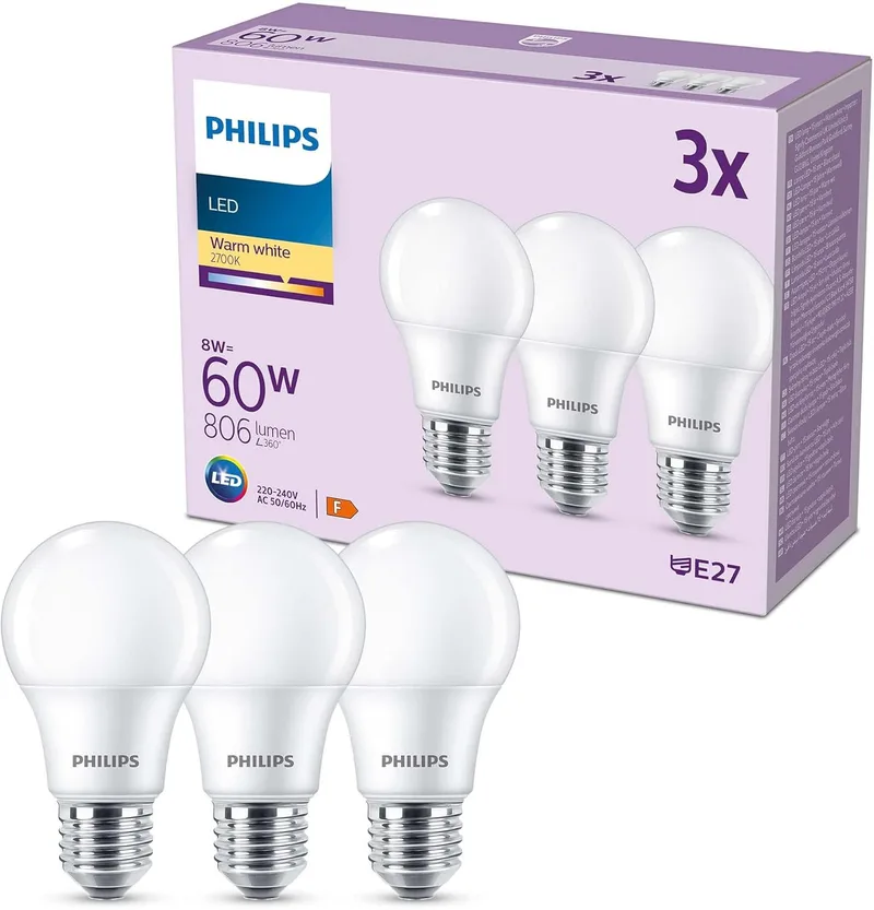 Philips ▫️ Lâmpada LED Classic Matte 8W (Eq. 60W) 806 lúmens, casquilho E27, luz quente (2700K) - Conjunto de 3 lâmpadas