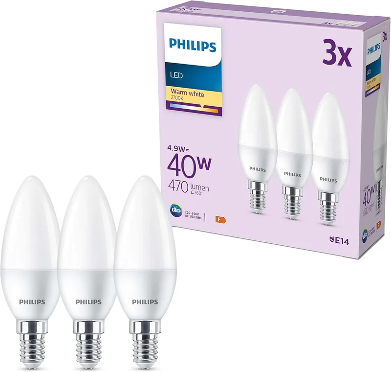 Philips ▫️ Lâmpada de vela LED, 4,9 W (Eq. 40 W) 470 lúmens, casquilho E14, luz branca quente (2700 k) - Embalagem com 3 lâmpadas