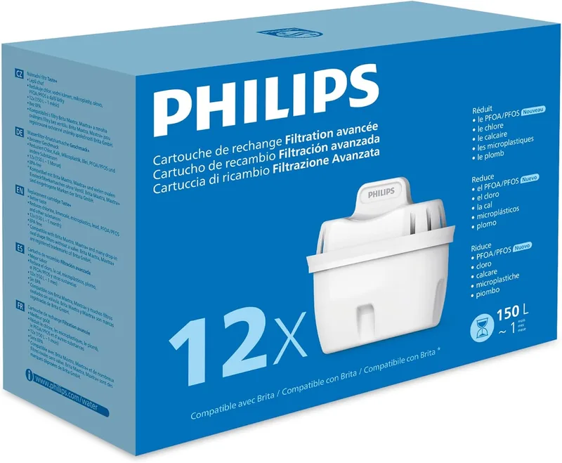 PHILIPS ▫️ Water Cartuchos de filtro de água de substituição Filtração Avançada, embalagem de 12 filtros, reduz os MICROPLÁSTICOS, o CLORO, o CAL, os METAL PESADOS, Compatível com Brita*