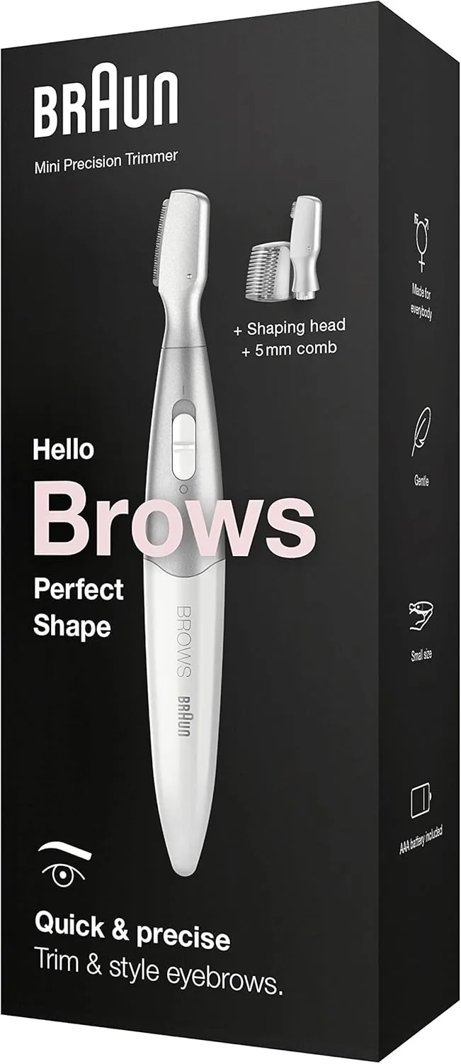 Braun ▫️ Mini aparador de precisão para sobrancelhas FG1106, branco - Apara e define, com 2 cabeças e um pente de corte, corte preciso, depilação facial para mulheres