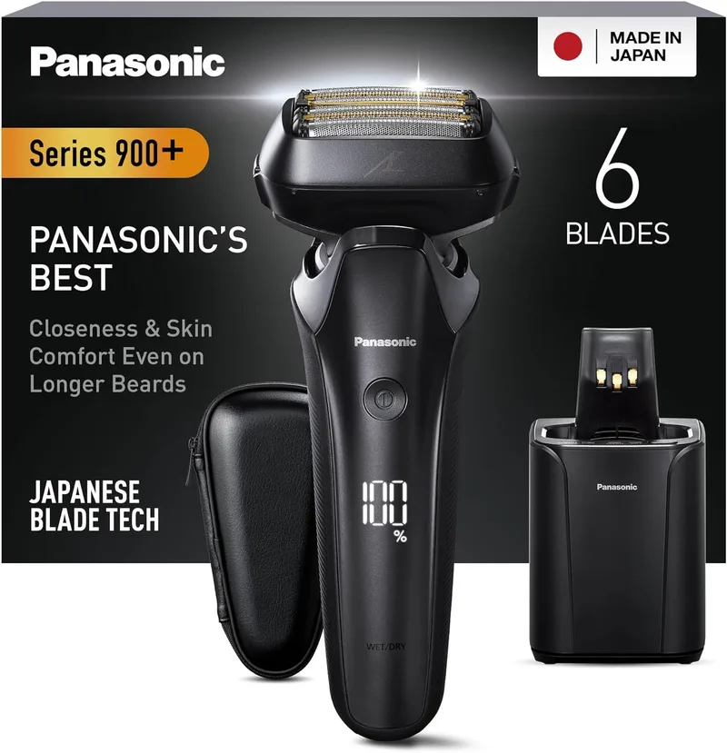 Panasonic ▫️ Série 900+ ES-LS9A Máquina de barbear elétrica de 6 lâminas para barbear a seco e a húmido para homem, com sensor sensível à barba, limpeza automática e sistema de carregamento