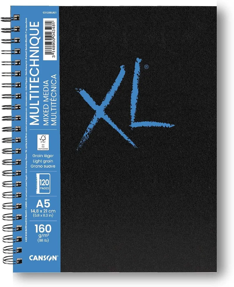 Canson ▫️ XL Art Book, Papel Multitécnica, Grão Suave, 160 g/m², Caderno com espiral, A5 - 14,8 x 21 cm, Branco, 60 folhas