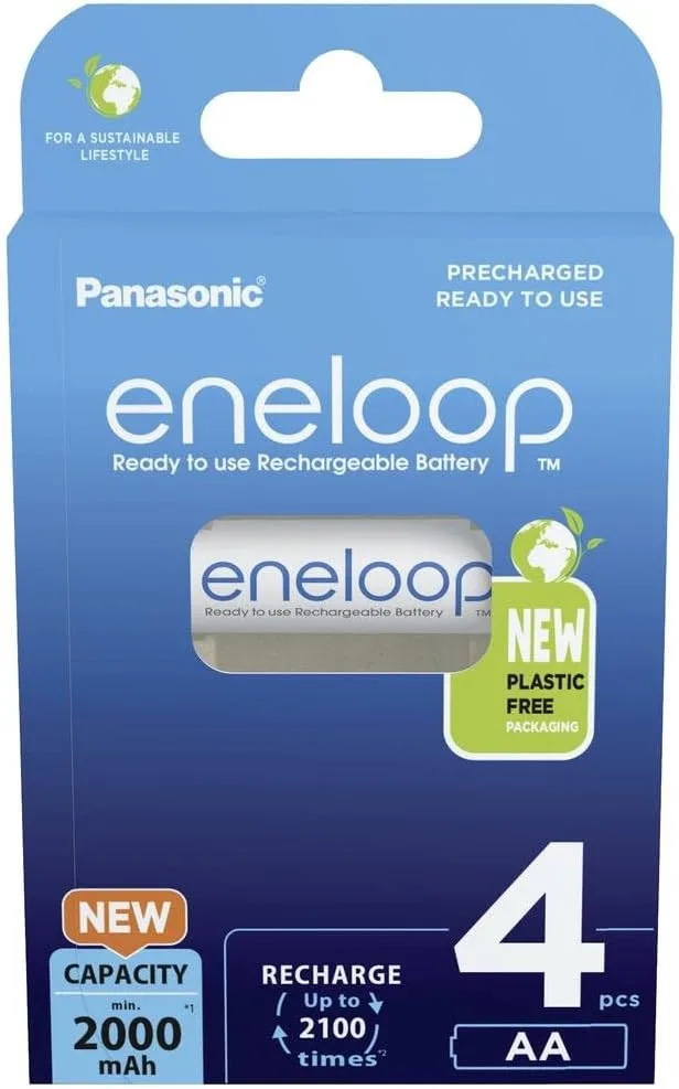 eneloop ▫️ pilhas recarregáveis AA/Mignon, embalagem de 4, capacidade mínima de 2000 mAh, pilhas Ni-MH, prontas a usar, recarregáveis até 2000 vezes, embalagem sem plástico, padrão, brancas