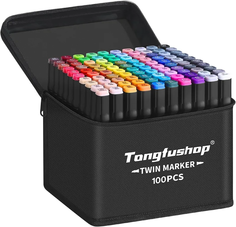 Tongfushop ▫️ 100 Colours Marker, marcadores de álcool de secagem rápida 2S, marcadores permanentes de ponta dupla com saco de armazenamento e espaçador para esboçar, banda desenhada, colorir, ilustrar, desenhar, esboçar