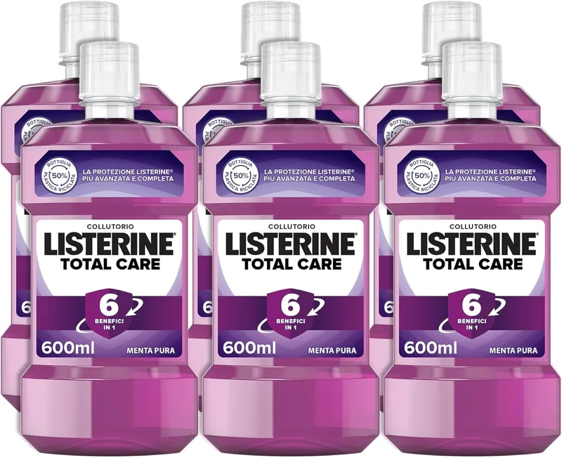Listerine ▫️ Mouthwash, Total Care Pure Mint, 6 benefícios em 1, 6 x 600 ml