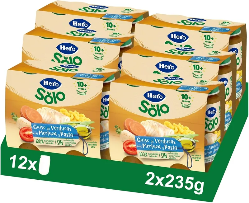 Solo ▫️ Hero Baby - Frascos de guisado de legumes com pescada em cubos, sem adição de sal, sem amido, sem óleo de palma, ingredientes 100% naturais, para bebés a partir dos 10 meses, 6 embalagens de 2x235g