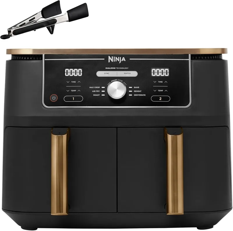 Ninja ▫️ Foodi MAX Fritadeira de ar quente com compartimento duplo, 9,6 l, 6 em 1, sem óleo, Max Crisp, Assar, Cozer e muito mais, pinças, 8 porções, cestos antiaderentes, em cobre e preto, AF400EUCP