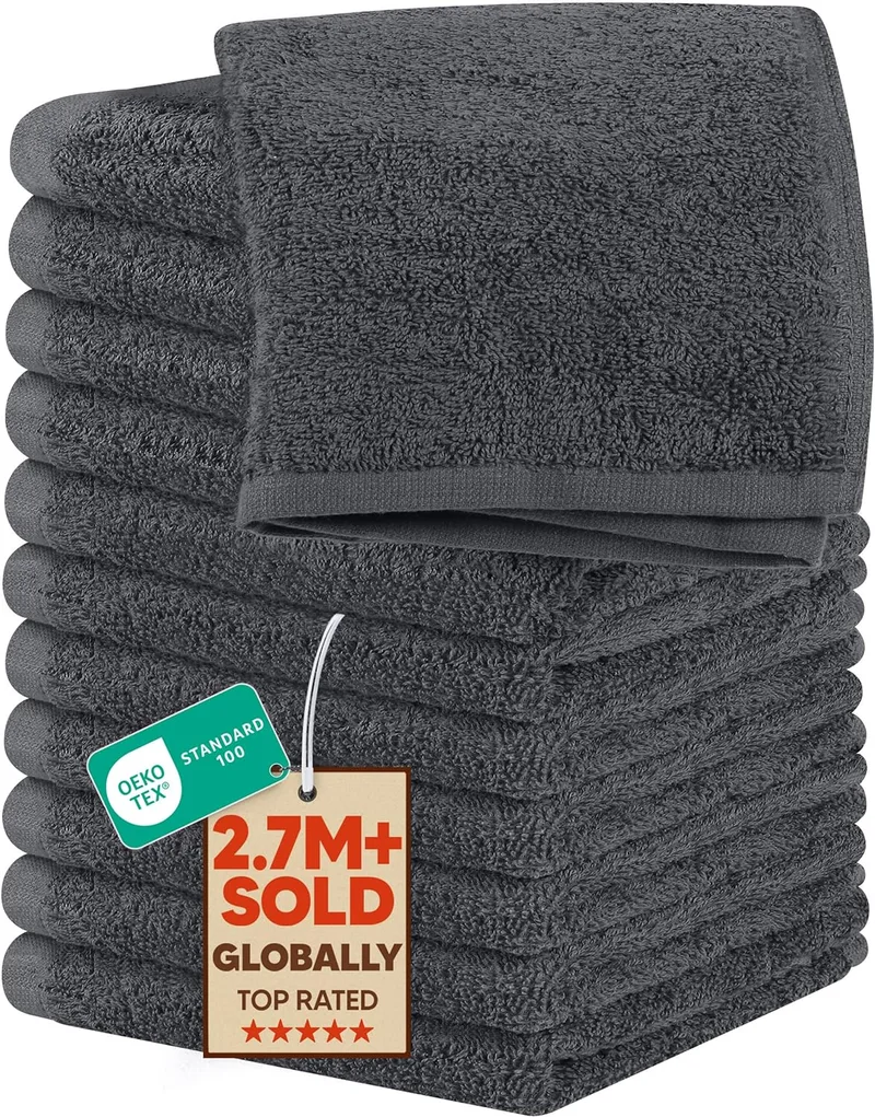 Utopia Towels ▫️ Conjunto de toalhas 100% algodão com fio em anel, toalhas de flanela, altamente absorventes e suaves ao toque (Embalagem de 12, cinzento)