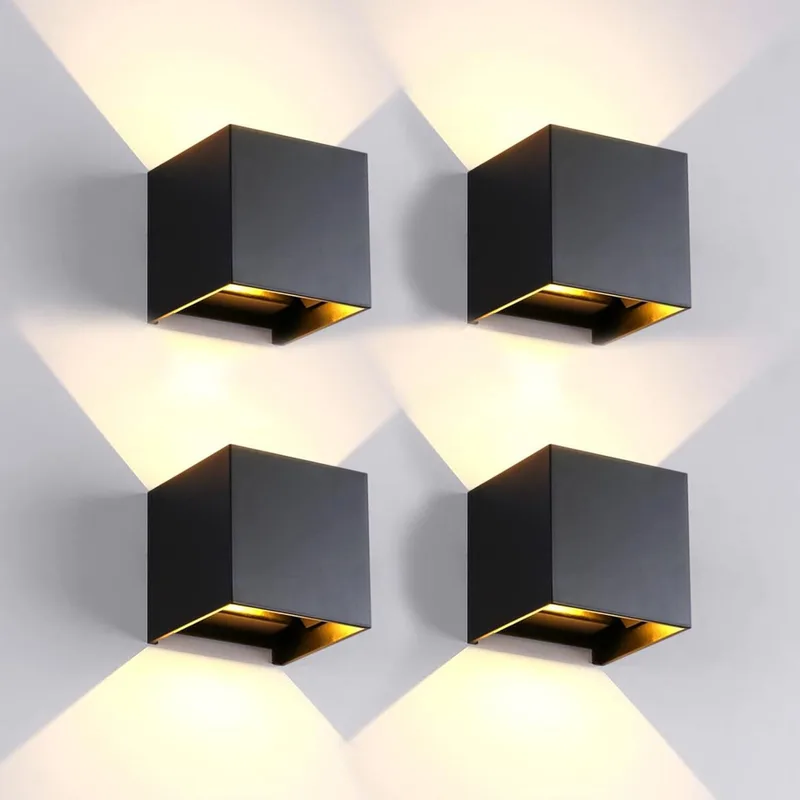 FUPE ▫️ 4 peças - Apliques de parede para exterior/interior LED - Lâmpadas de parede cúbicas para exterior, estilo moderno, pretas, 6 W, 3000 K, luz quente, IP65, à prova de água, quadradas, em alumínio, ângulo de feixe ajustável