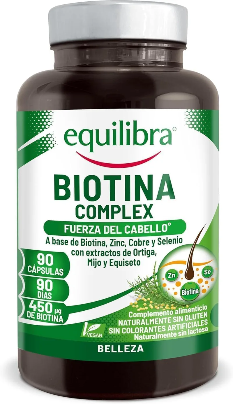 Equilibra ▫️ Complexo de Biotina, Bem-estar do Cabelo e das Unhas, Dose Elevada de Biotina, Zinco, Cobre, Selénio, Extratos de Urtiga, Milho-miúdo e Equiseto, 90 Cápsulas