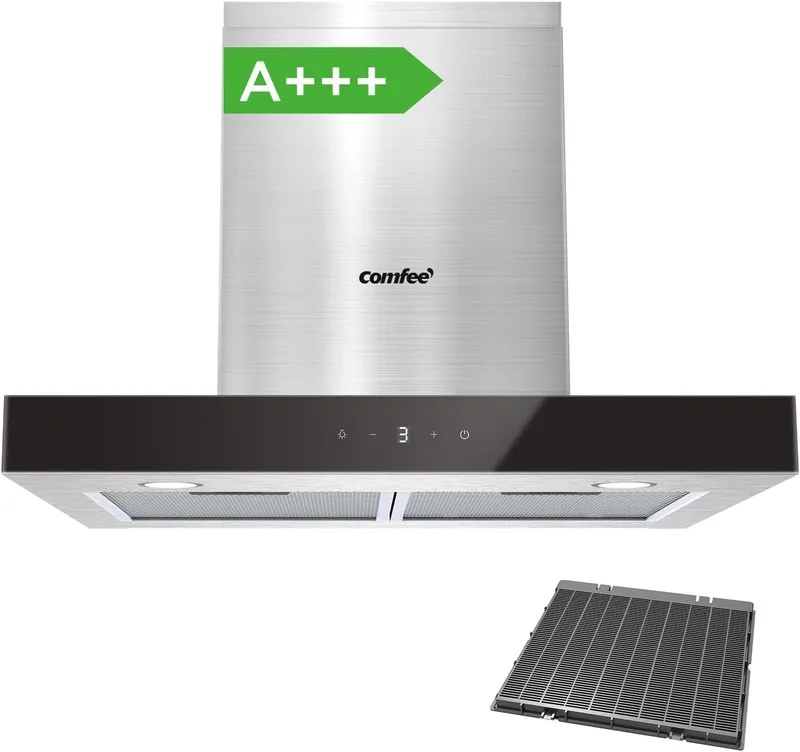 Comfee ▫️ Exaustor em forma de T ' KWH-TSHM77SS-60, 650 m³/h, 60 cm,A+++ | Controlo por gestos e tátil, motor BLDC, filtro de 5 camadas, iluminação LED, recirculação e exaustão para o exterior, aço inoxidável