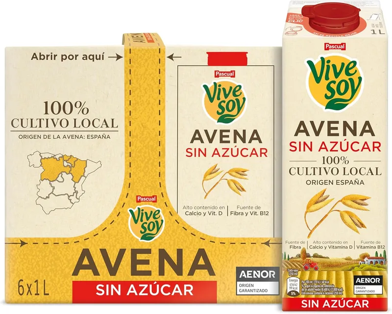 Vivesoy ▫️ Bebida vegetal de aveia sem açúcar, 100% de cultivo local - Embalagem de 6 x 1 L