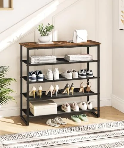 HOOBRO ▫️ Sapateira, Estante para sapatos com 5 níveis, 4 compartimentos em tecido Oxford e placa superior, para 16-20 pares de sapatos, para a entrada ou aparador, castanho rústico EBF50XJ01 2