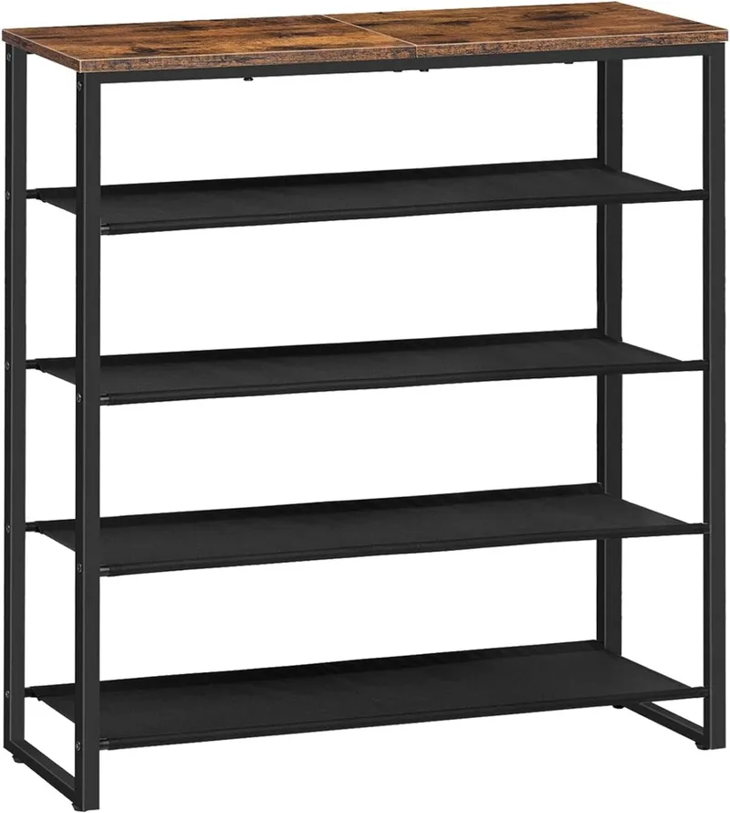 HOOBRO ▫️ Sapateira, Estante para sapatos com 5 níveis, 4 compartimentos em tecido Oxford e placa superior, para 16-20 pares de sapatos, para a entrada ou aparador, castanho rústico EBF50XJ01