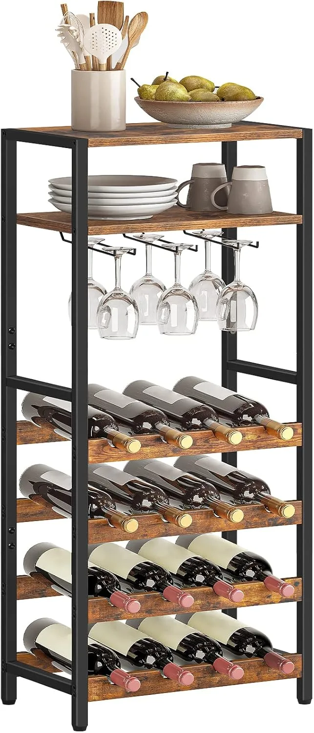 HOOBRO ▫️ 16-Bottle Wine Rack, rack de vinho independente com placa de madeira e suporte de vidro, rack de vinho de 5 níveis para cozinha, bar, restaurante, etc. EBF04JJ01