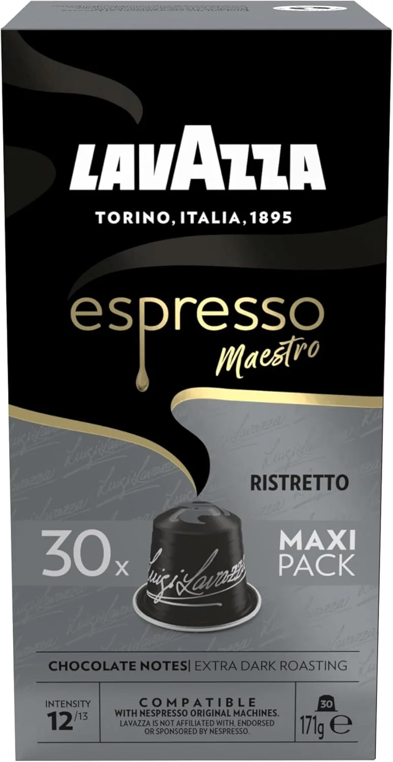 Lavazza ▫️ Espresso Maestro Ristretto, 30 cápsulas de café compatíveis com as máquinas Nespresso Original, com notas aromáticas de chocolate e caramelo, Arábica e Robusta, intensidade 12/13, torra escura