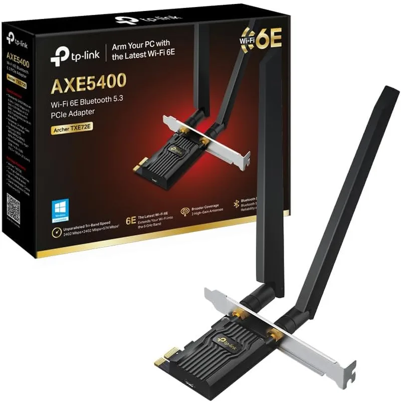 TP-Link ▫️ Archer TXE72E - 6E Placa WiFi PCIe AXE5400 Mbps com Bluetooth 5.3 para PC, Tri-Band (2.4G/5G/6GHz), Antenas de Alto Ganho, Compatível com Windows 11/10, WPA3