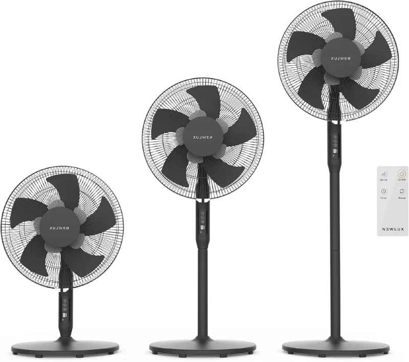 Newlux ▫️ Ventilador de pé com comando à distância 3 em 1 W1050 Smart, 10 pás de ø40 cm, 3 velocidades e temporizador de 18 horas. Ventilador de pedestal oscilante a 90º com altura regulável de 130, 100 ou 70 cm (preto)