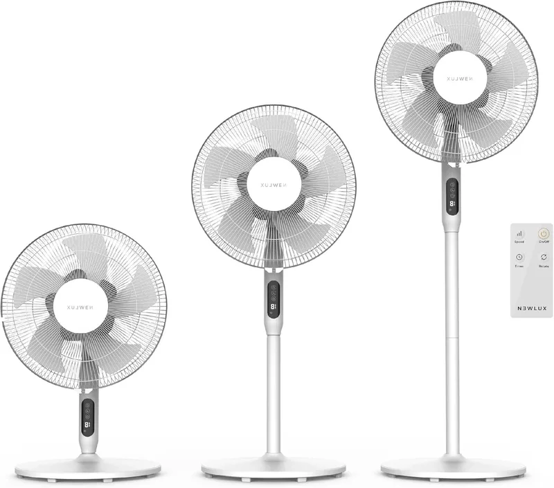 Newlux ▫️ Ventilador de pé com comando à distância 3 em 1 W1050 Smart, 10 pás de ø40 cm, 3 velocidades e temporizador de 18 horas. Ventilador de pedestal oscilante a 90º com altura regulável de 130, 100 ou 70 cm (branco)