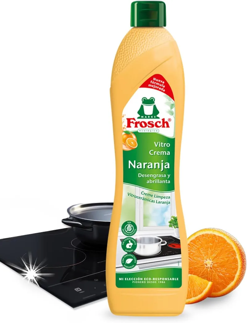 FROSCH ▫️ Produto de limpeza para placas vitrocerâmicas com nova fórmula melhorada, desengordura e dá brilho em profundidade, com aroma a laranja - 500 ml
