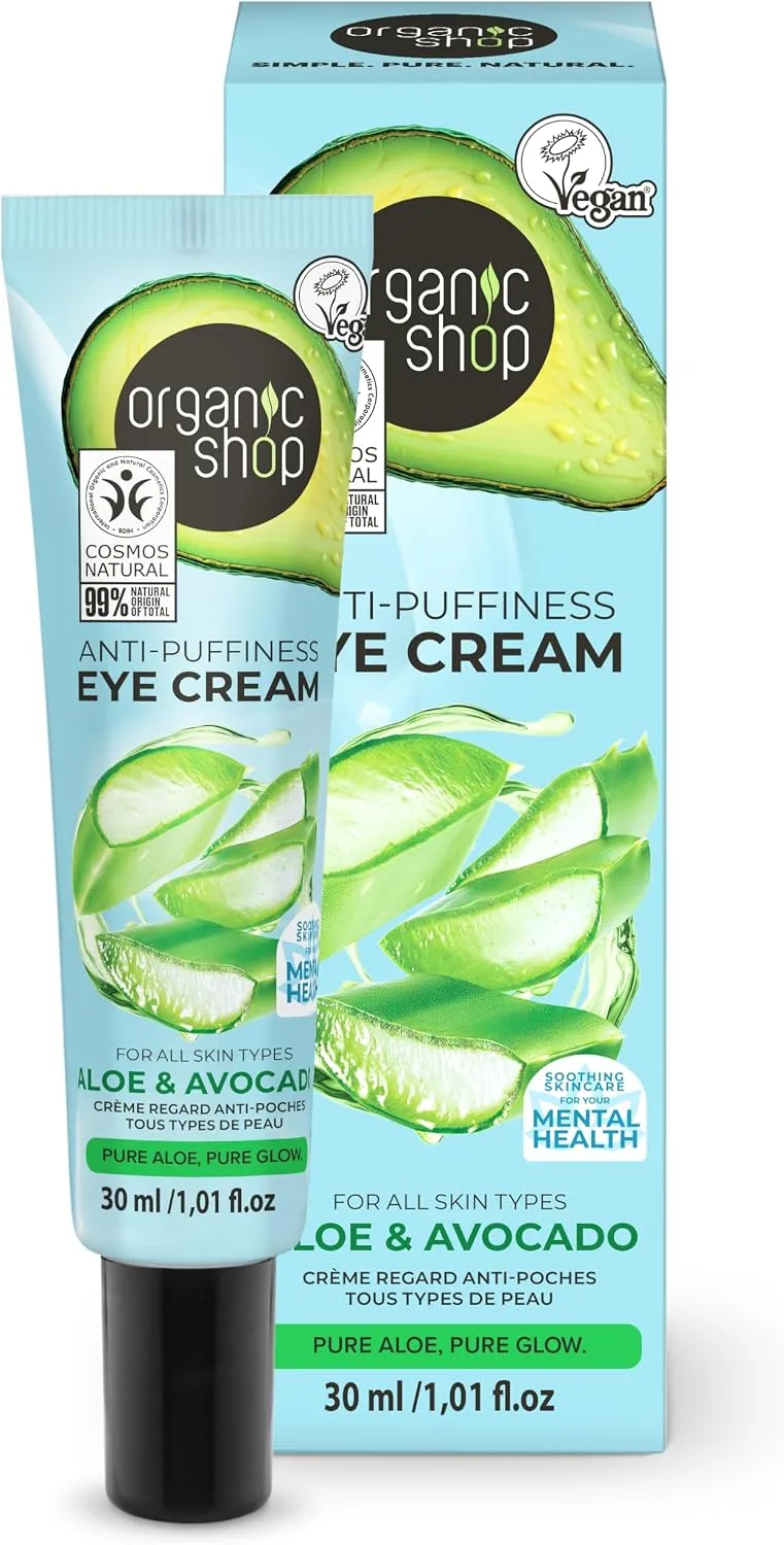 Organic Shop ▫️ CREME ANTI-INCHAÇO PARA O CONTORNO DOS OLHOS, PARA TODOS OS TIPOS DE PELE «ABACATE E ALOE», 30 ML