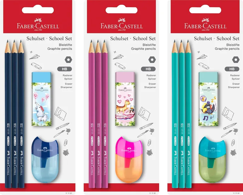 Faber-Castell ▫️ Conjunto escolar de 5 peças com lápis, afiador e borracha
