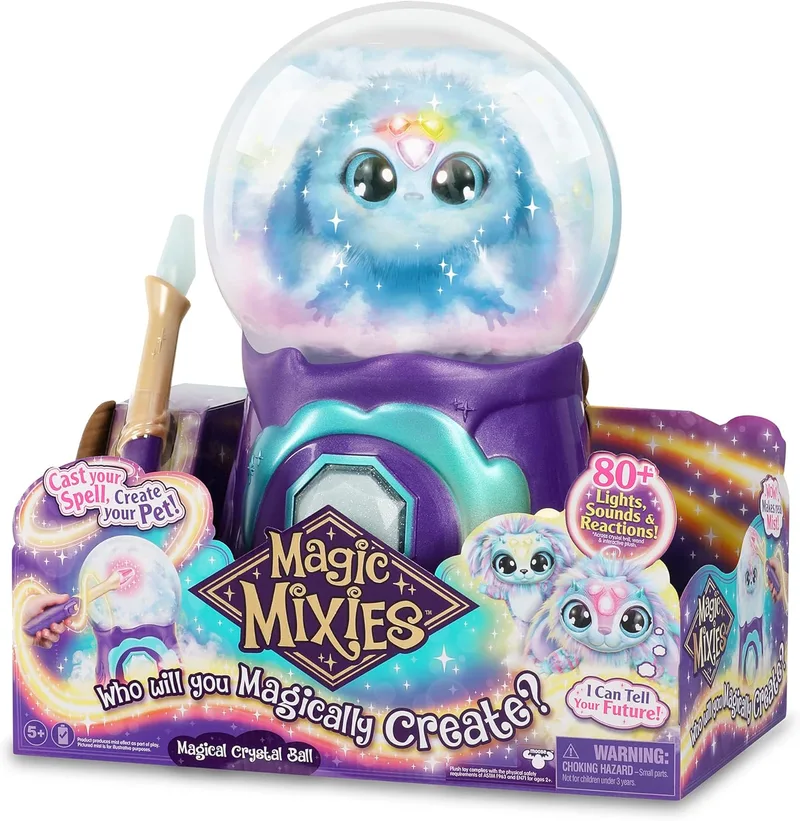 Magic Mixies ▫️ My Crystal Ball Blue, Brinquedo Interativo de Magia, Bola de Cristal mágica com luzes, efeitos e sons, e um boneco de peluche fofinho para cuidar, com acessórios, da marca Famosa (MGX06000)